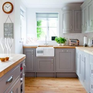 Beautiful grey kitchen decor - LOVE the gray cabinets and the white farmhouse sink